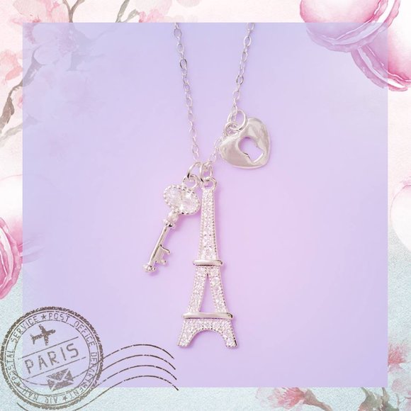 Paris Eiffel Tower Love Lock and Key Necklace, 925 Sterling Silver - Picture 8 of 9